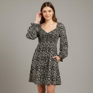 Hint of Blush Floral Cottagecore Mini Dress XL Boho Long Sleeve Smocked Y2K